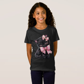 「ピンクのリボンを付けた黒猫」 可愛い猫のTシャツ Tシャツ