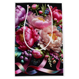 ピンクのリボンを持つ青々とした牡丹、Natasha Us ミディアムペーパーバッグ