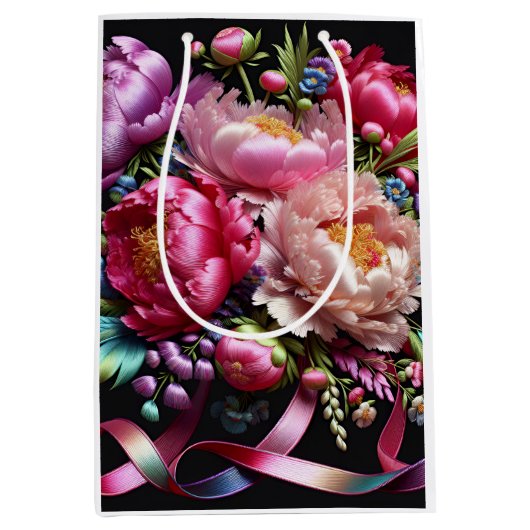 ピンクのリボンを持つ青々とした牡丹、Natasha Us ミディアムペーパーバッグ (正面)