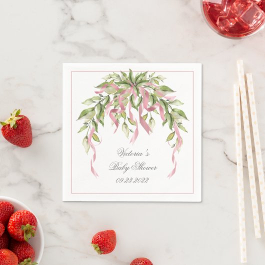 ピンクのリボンエレガントの赤パーソナライズされたちゃんシャワー スタンダードカクテルナプキン (インサイチュ)