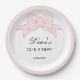 ピンクのリボンガールの子供の1歳の誕生日 ペーパープレート