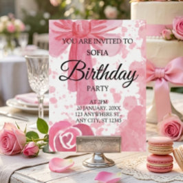 ピンクのリボンガールの誕生日招待状 ポストカード