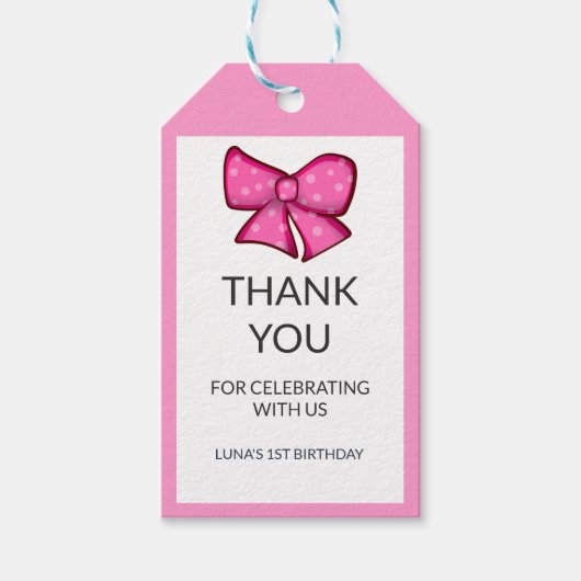 ピンクのリボンガール 子供の1歳の誕生日 ギフトタグ (正面)