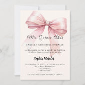 ピンクのリボンクリーム色の優雅なQuinceanera 招待状 (正面)