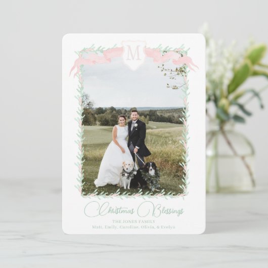 ピンクのリボンクレスト緑のヴィンテージクリスマスフォト シーズンカード (スタンド正面)