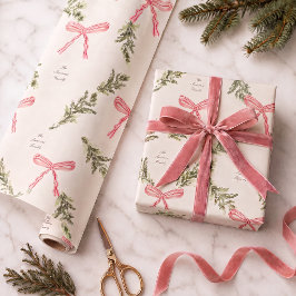 ピンクのリボングリーナリープレピークリスマスのパーソナライズ ラッピングペーパー
