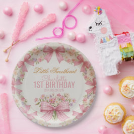 ピンクのリボンコケットフラワー 1歳の誕生日 名入れ ペーパープレート