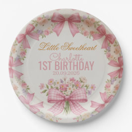 ピンクのリボンコケットフラワー 1歳の誕生日 名入れ ペーパープレート