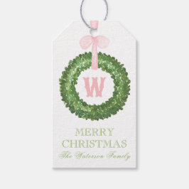 ピンクのリボンサッシュのクリスマスモノグラムリースの囲み ギフトタグ