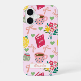 ピンクのリボンフラワーハンドドローンレモンパターントレンド iPhone 16ケース