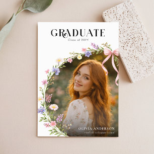 ピンクのリボンフラワー 写真 卒業お知らせ ポストカード