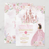 ピンクのリボンフローラルプリンセスの王城のクィンセañera 招待状 (正面/裏面)