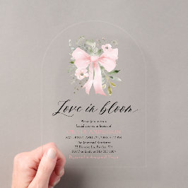 ピンクのリボンフローラルラブ・イン・ブルームアーチ・ブライダルシャワー アクリル招待状