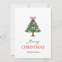 ピンクのリボンボウとグリーンのクリスマスツリーの可愛らしいデザイン