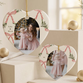 ピンクのリボンボウとグリーンリースのクリスマスフォトハートオーナメント セラミックオーナメント