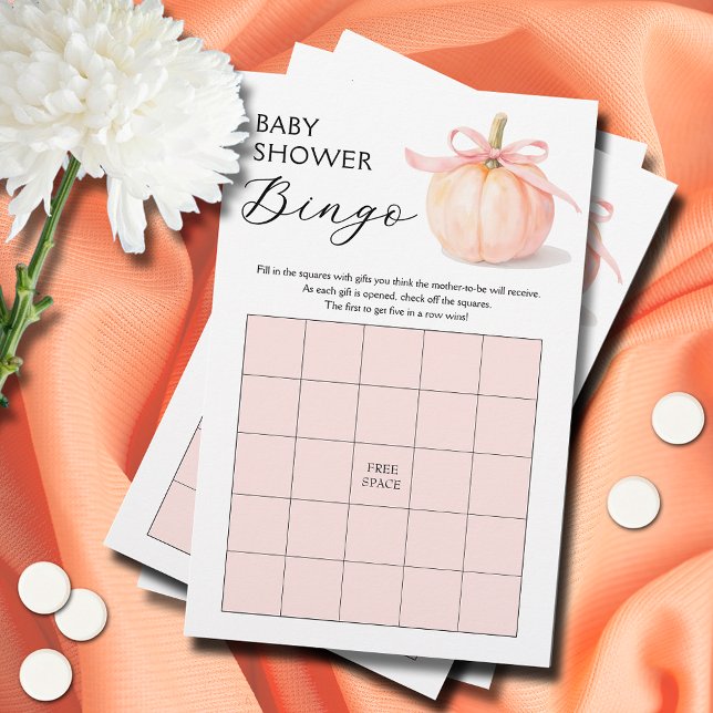 ピンクのリボン付きカボチャの女の子ベビーシャワービンゴゲーム (Pink ribbon and bow pumpkin girl baby shower bingo game cards)