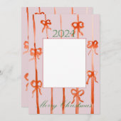 ピンクのリボン付きクリスマスカード 招待状 (正面/裏面)