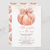 ピンクのリボン付きパンプキンベイビーシャワー 招待状 (正面/裏面)