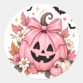 ピンクのリボン付きパンプキン・コケットハロウィン ラウンドシール