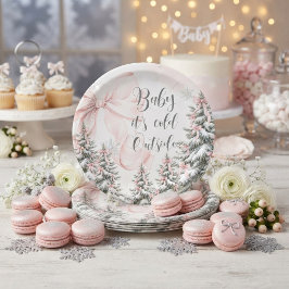 ピンクのリボン付きベビーシャワー クリスマスデザイン ペーパープレート