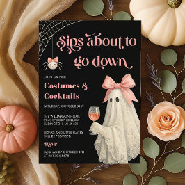ピンクのリボン付きレースの幽霊 ハロウィンパーティー 招待状