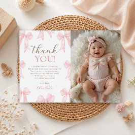 ピンクのリボン付き女の子の1歳の誕生日写真 サンキューカード