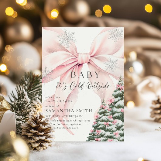ピンクのリボン付き「Baby It's Cold Outside」ベビーシャワー招待状