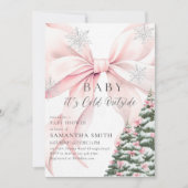 ピンクのリボン付き「Baby It's Cold Outside」ベビーシャワー招待状 (正面)