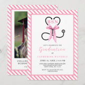 ピンクのリボン付きBSN看護師卒業パーティー 招待状 (正面/裏面)