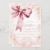 ピンクのリボン冬のワンダーランドの雪の結晶の誕生日 招待状 (正面/裏面)