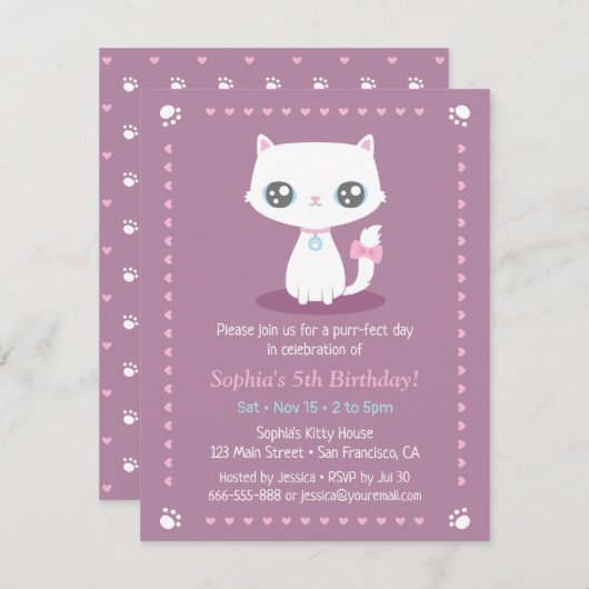 ピンクのリボン女の子と可愛い白い子猫誕生日 招待状 (正面/裏面)