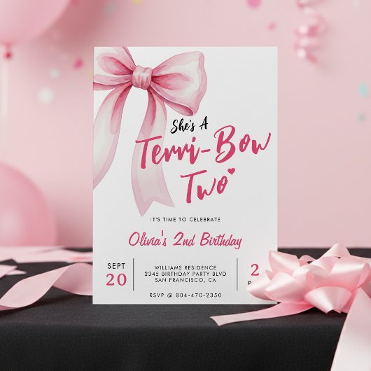 ピンクのリボン女子の2歳の誕生日パーティー テリブル・ツー 招待状
