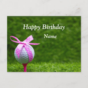 ピンクのリボン女性ゴルファーの誕生日のゴルフボール ポストカード