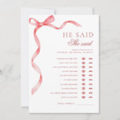 ピンクのリボン彼は彼女はブライダルシャワーゲームを言った 招待状 (正面)