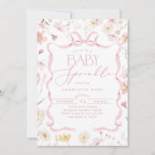 ピンクのリボン枠ワイルドフラワーベビー散布 招待状 (正面)