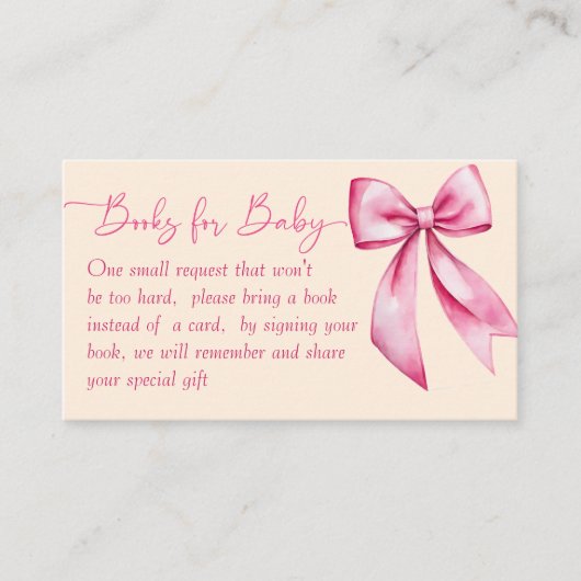 ピンクのリボン赤ちゃんシャワーかわいい本の要求 エンクロージャーカード (正面)