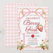 ピンクのリボン ギンガム ベリー ファースト ストロベリー 誕生日 招待状 (正面/裏面)