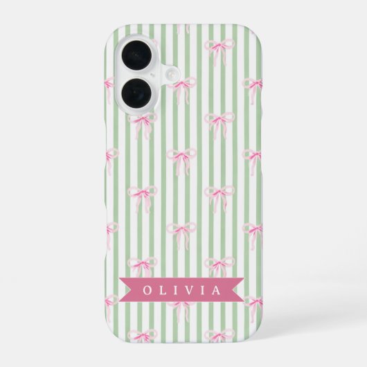 ピンクのリボン+グリーンストライプのキュートなお嬢様スタイル iPhone 16ケース (裏面)