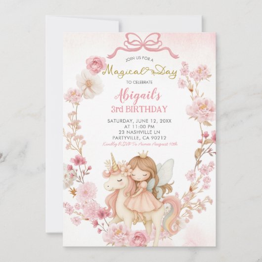 ピンクのリボン コケッティ フェアリーとユニコーンの誕生日 招待状 (正面)