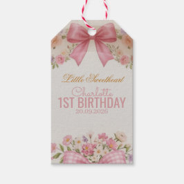 ピンクのリボン・コケットフラワーの1歳の誕生日グッズ(名入れ可) ギフトタグ