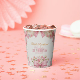 ピンクのリボン・コケットフラワーの1歳の誕生日グッズ 紙コップ