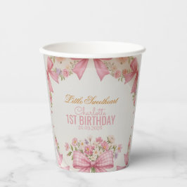 ピンクのリボン・コケットフラワーの1歳の誕生日グッズ 紙コップ