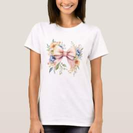 ピンクのリボン+コケット風+水彩花柄 Tシャツ