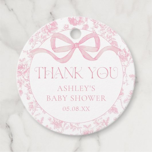 ピンクのリボン フラワーチノワゼリー ベビーシャワー フェイバータグ (正面)