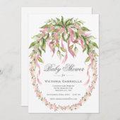 ピンクのリボン フラワーリース エレガント ベビーシャワー 招待状 (正面/裏面)