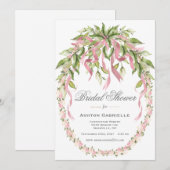 ピンクのリボン フローラルリース エレガントな結婚式前祝い 招待状 (正面/裏面)