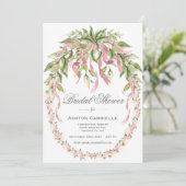 ピンクのリボン フローラルリース エレガントな結婚式前祝い 招待状 (スタンド正面)