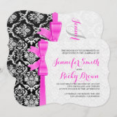 ピンクのリボン ブラック アンド ホワイトのダマスク  ウェディング 招待状 (正面/裏面)