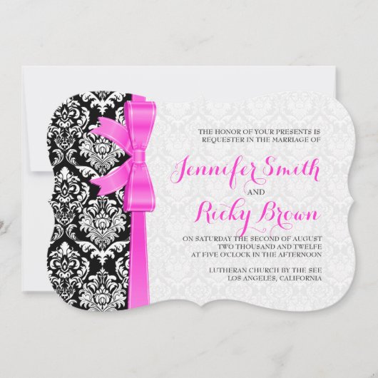 ピンクのリボン ブラック アンド ホワイトのダマスク  ウェディング 招待状 (正面)