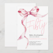 ピンクのリボン モダン フィフティ 50歳の誕生日パーティー 招待状 (正面/裏面)